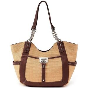 Chaps Brown and Tan Woven Boho Handbag Roma Chainlink Tote-NWOT